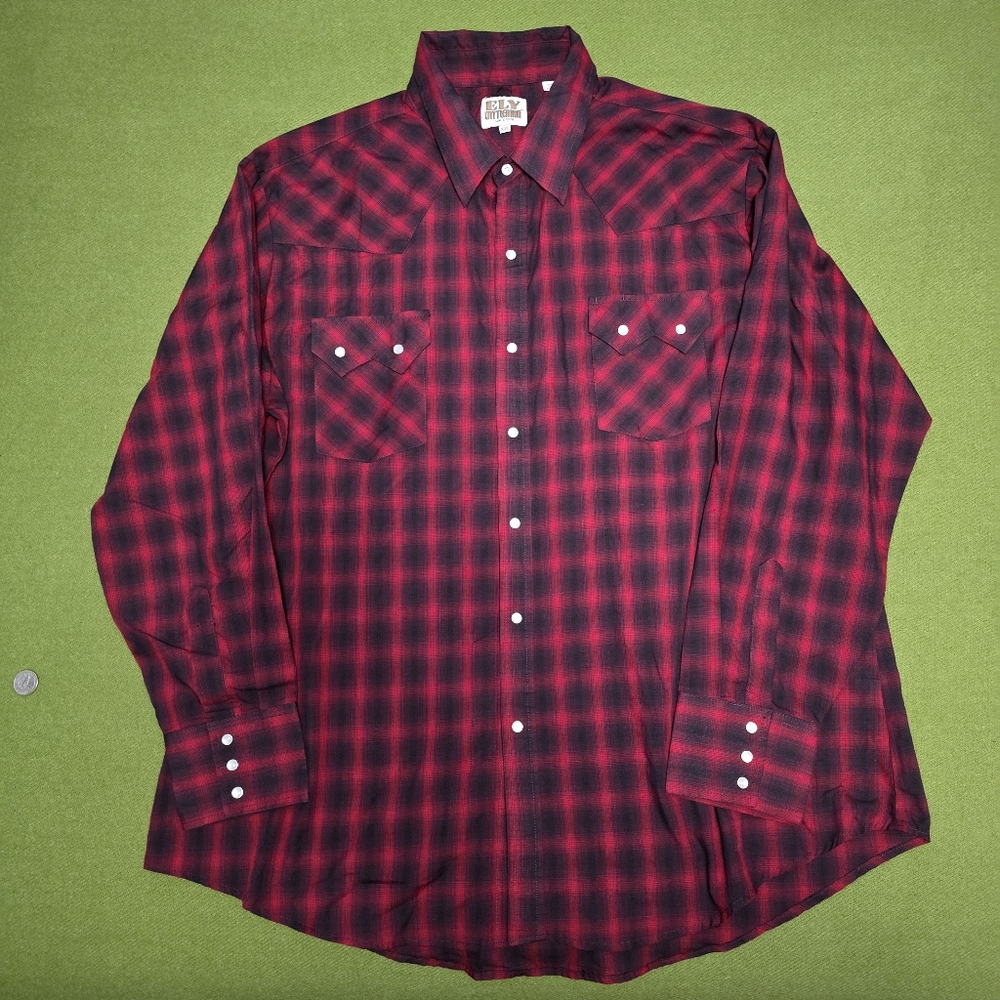 Ely Cattleman Red and Black Pearl Snap Western Shirt